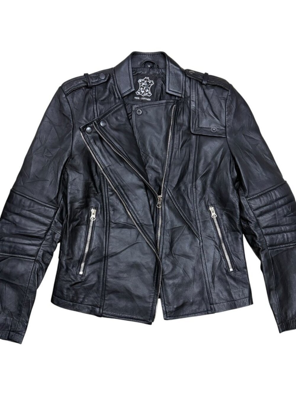 REAL LEATHER Motorcycle Jacket Cropped Bomber Riding Biker Coat Womens Medium